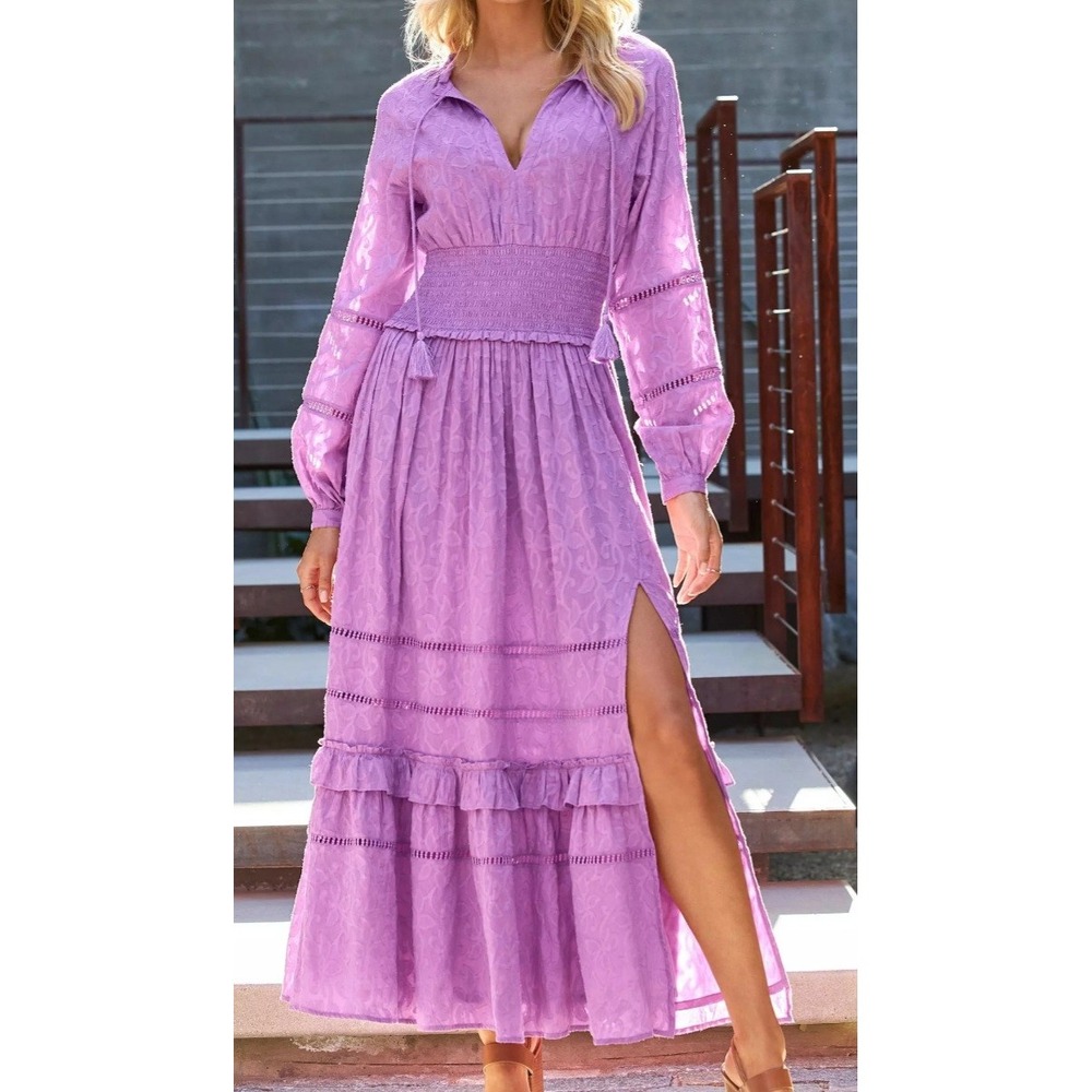 Boston Proper Purple Jacquard Long Sleeve Ruffle Hem Maxi Dress XXS Boho Tassel